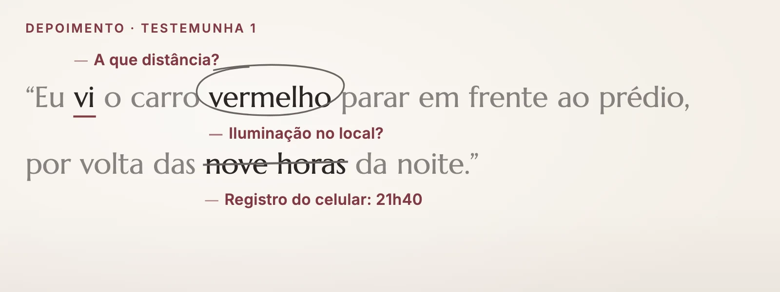Um depoimento examinado com critérios. Testemunho é memória: na defesa, cada depoimento é examinado com critério, da investigação ao julgamento.